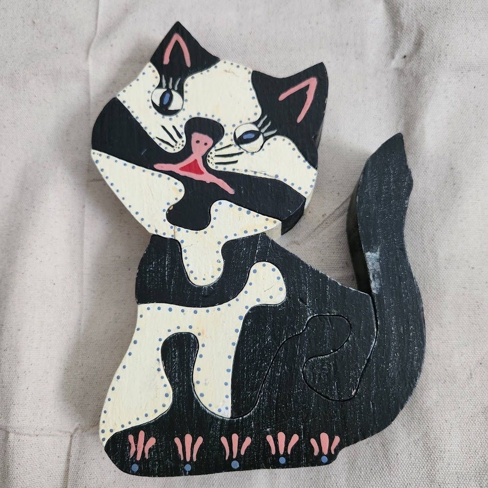 Vintage Folk Art Hand Painted Wooden Cat Figurine Interlock Puzzle Tuxedo Kitty